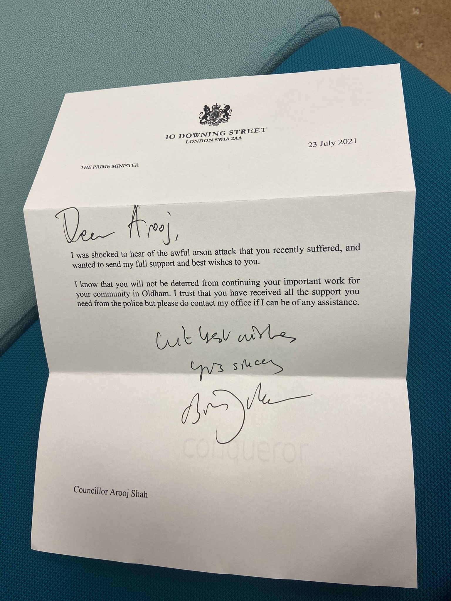 A letter from Prime Minister Boris Johnson to the council leader
