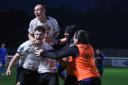 GET IN: Avro players celebrate Max Davidson’s winner against Irlam Picture: Alicia Day