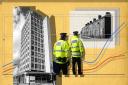 Graphic using creative commons licensed images of Oldham Civic Centre, a street in Oldham, GMP officers and graph of child sexual abuse concern referrals