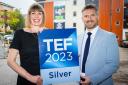 Susan Holden (Assistant Principal HE & Higher Skills at UCO) and Simon Jordan (Principal and Chief Executive at Oldham College) celebrating TEF Silver at the University Way site