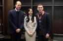 Prince of Wales, left, meets Kevin Sinfield and his wife Jayne Sinfield, during a visit to Headingley Stadium, Leeds, to congratulate him and award him a CBE, for his charity efforts