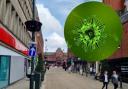 Oldham town centre and coronavirus substance, inset