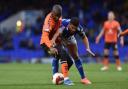 Oldham Athletic's Dylan Bahamboula tussles with Sam Morsy of Ipswich Town during the FA Cup First round tie at Portman Road, Ipswich..
