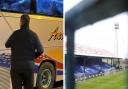 The smashed windows of the coach being assessed and Boundary Park