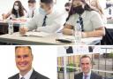 Students wearing face masks in class (Picture: PA) with Blessed John Henry Newman Roman Catholic College head teacher, Glyn Potts, left, and The Radclyffe School head teacher, John Cregg, right