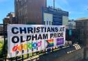 The banner as it looked outside Oldham Parish Church