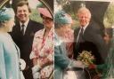 Left, John Battye and his wife Annette meeting the Queen in 1992 at Alexandra Park in Oldham, and right, Shabana Sadiq presenting the Queen with flowers at the same event