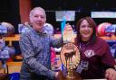 DJ Clint Boon and Michelle Riley pouring a pint of Vanilla Stout at the Oldham Beer Festival