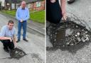 Councillors Lewis Quigg and Dave Arnott by a pothole in Royton