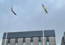 The Ukrainian flag being flown above the Civic Centre in Oldham