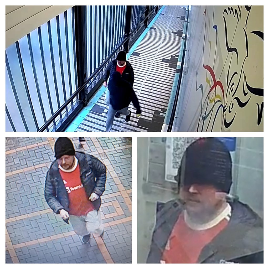 Three pictures of a man police are looking for in connection with the robbery at Town Square Shopping Centre