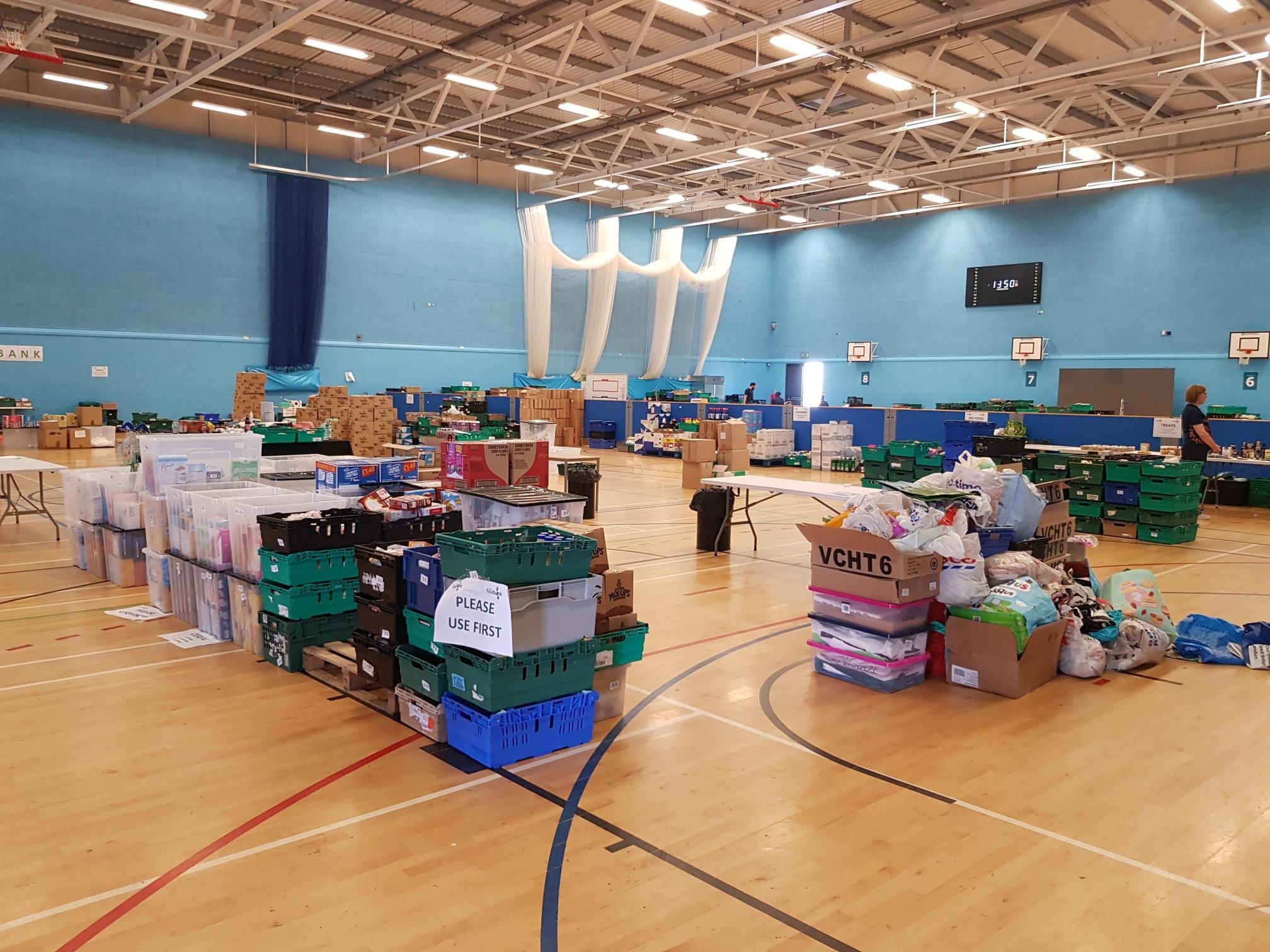 The food banks base at Oldham Leisure Centre’s sports hall during the pandemic 