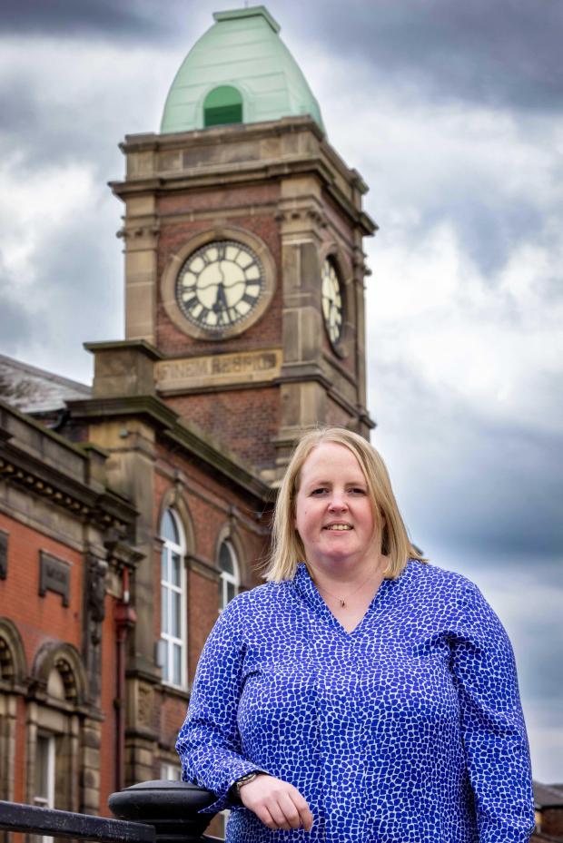 The Oldham Times: Cllr Amanda Chadderton in front of Royton Town Hall