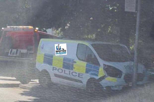 A photograph shows how the police van collided with a bus stop sign. (Picture Spotted Oldham)