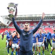 Hartlepool United manager Dave Challinor celebrates with the trophy after winning the shoot-out and promotion after the Vanarama National League play-off final at Ashton Gate, Bristol. PA Photo. Picture date: Sunday June 20, 2021. See PA story SOCCER