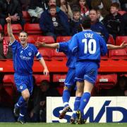 Oldham Athletic's Paul Murray (left) celebrates scoring the second goal against Bristol City during their Nationwide Division Two match at Ashton Gate, Bristol Saturday March 20 2004.