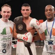 Boxing trainer Kevin Maree, Michael Gomez Jr and Marvin Greaves after Gomez Jr's victory on November 5 (Image: Andrew Saunders, Sporting Captures).