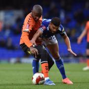 Oldham Athletic's Dylan Bahamboula tussles with Sam Morsy of Ipswich Town during the FA Cup First round tie at Portman Road, Ipswich..