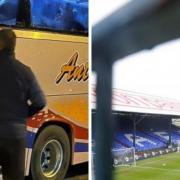 The smashed windows of the coach being assessed and Boundary Park
