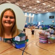 The food bank's base at Oldham Leisure Centre’s sports hall during the pandemic and Rebecca Kershaw, inset