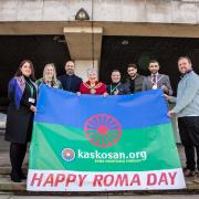 Members of the Roma community and Oldham Coliseum including the Coliseum’s artistic director, Chris Lawson, were met by the mayor of Oldham and Cllr Shaid Mushtaq to raise the Roma flag in front of the Civic Centre in 2022