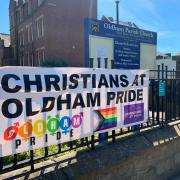 The banner as it looked outside Oldham Parish Church