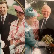Left, John Battye and his wife Annette meeting the Queen in 1992 at Alexandra Park in Oldham, and right, Shabana Sadiq presenting the Queen with flowers at the same event