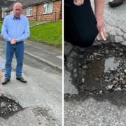 Councillors Lewis Quigg and Dave Arnott by a pothole in Royton
