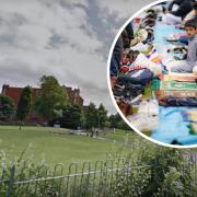 Berries Field Park in Chadderton and people praying together at an Eid event (inset)