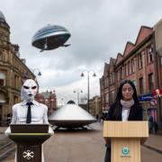 What it could look like if an alien and council leader Arooj Shah were to give a joint press conference in the town centre (Please note this is an AI edited image and is not real)