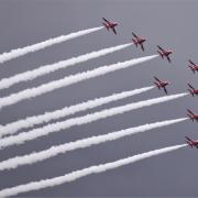 The Red Arrows fly over Tandle Hill, Oldham