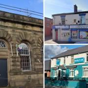 Clockwise from left: The former RBS bank in Shaw, Oldham Food Store and Murphy's Bar