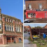 Clockwise from left: The building at Oldham Mumps, the property on Featherstall Road North and the plot of land on Godson Street