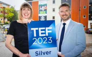 Susan Holden (Assistant Principal HE & Higher Skills at UCO) and Simon Jordan (Principal and Chief Executive at Oldham College) celebrating TEF Silver at the University Way site